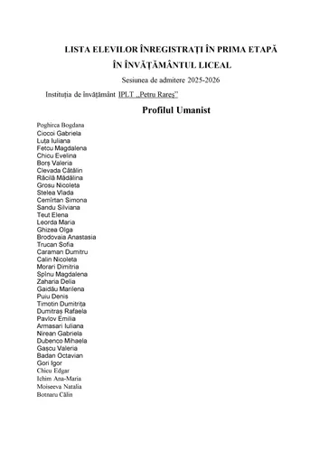 LISTA ELEVILOR ÎNREGISTRAȚI ÎN PRIMA ETAPĂ  ÎN ÎNVĂȚĂMÂNTUL LICEALProfilul Umanist