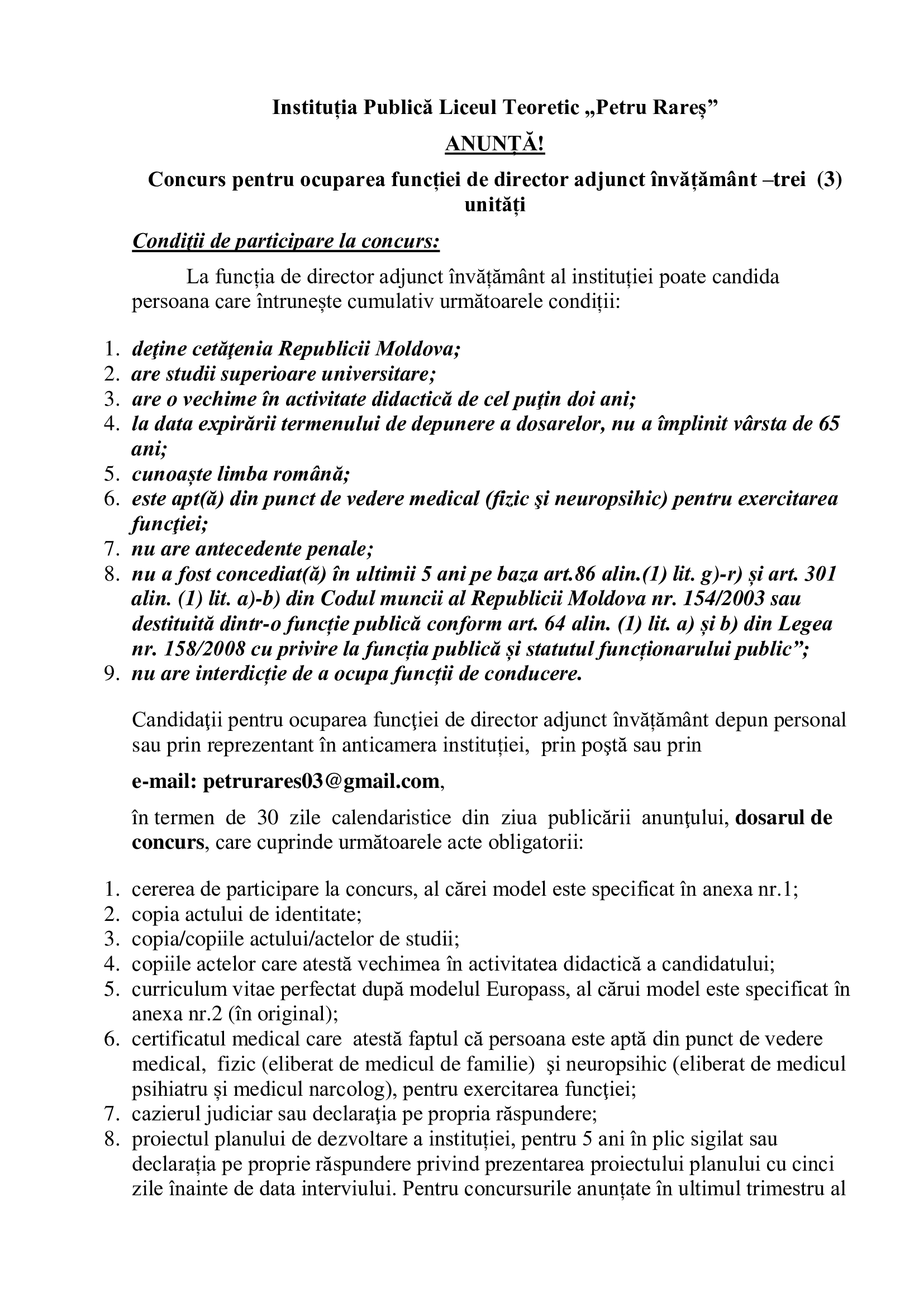 Concurs pentru ocuparea funcției de director adjunct învățământ –trei  (3) unități